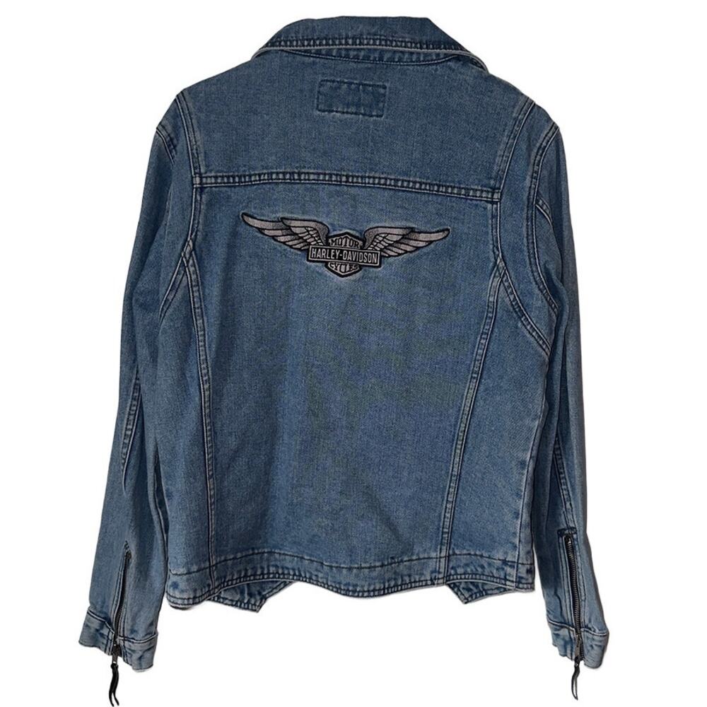Vintage Harley Davidson Light Wash Back Patch Logo Denim Jean Jacket Women's Med - Picture 2 of 9